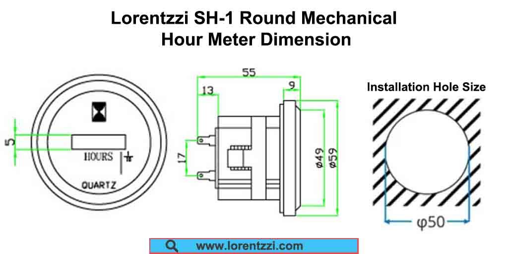 Medidor de horas mecánico redondo Lorentzzi SH-1 Dimensión