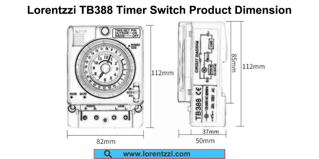 Lorentzzi TB388 electromechanical timer switch product dimension