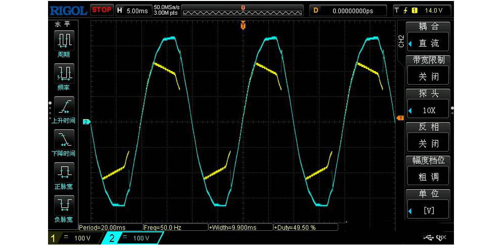 SCR powe regulator waveform of phase control tested when connecting an capacitive lamp