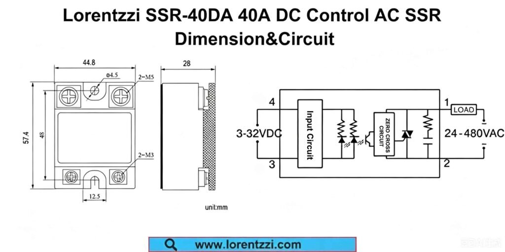 Dimensão e circuito do relé de estado sólido SSR-40DA
