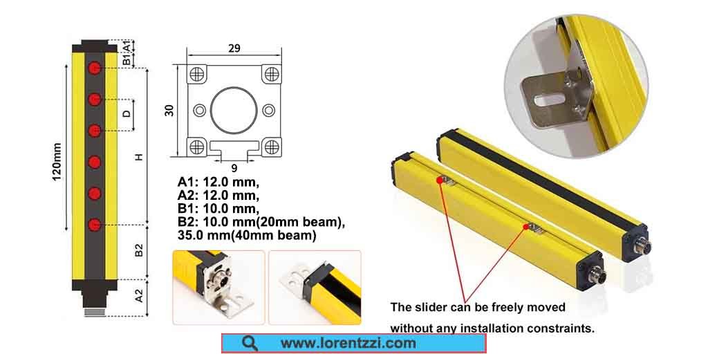 120 mm Protection Height Small Light Curtain Product Dimension And Installation Method