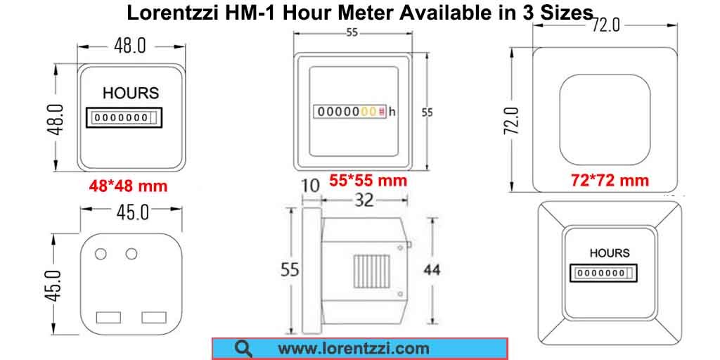 Contador de horas Lorentzzi HM-1, contador de horas analógico cuadrado DC12V, DC24V dimensiones del producto