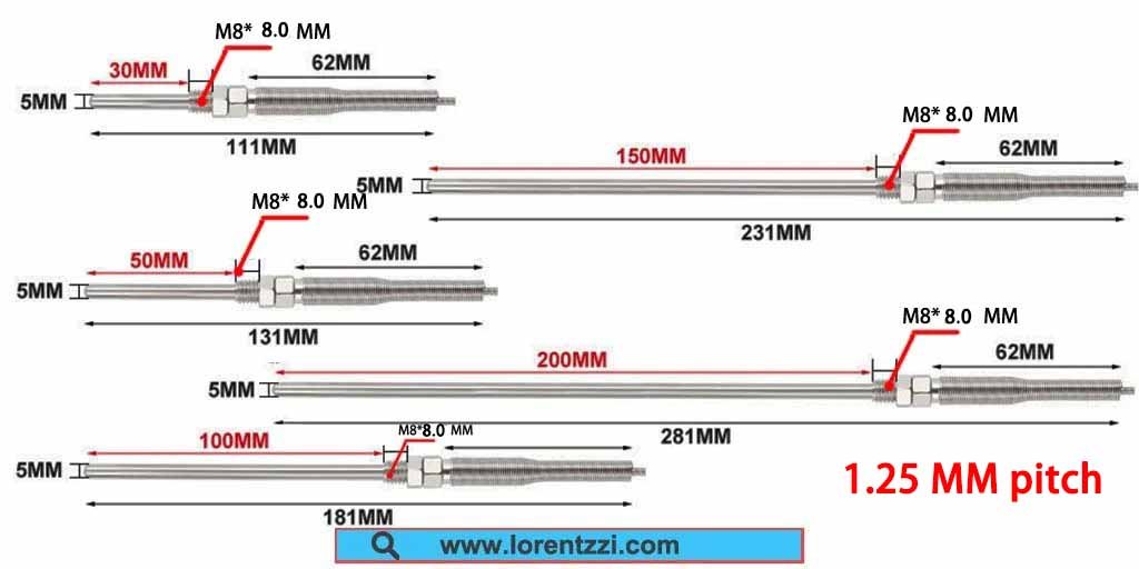 Lorentzzi K-type probe type thermocouple product dimensions