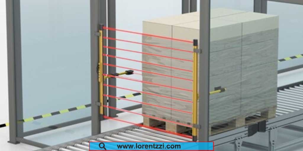 Safety light curtains are used to count the number of trays on the conveyor belt