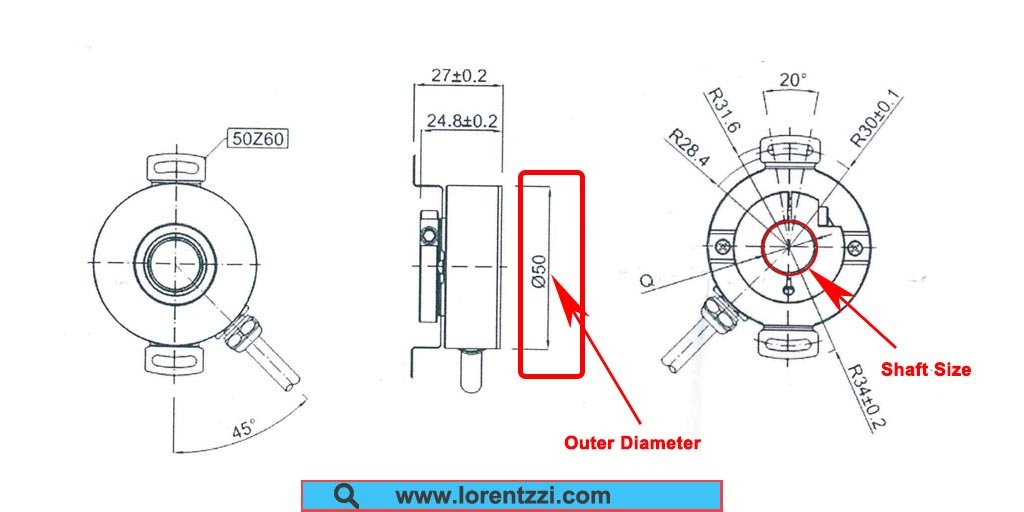 Demonstration of the outer diameter and shaft dimensions of an incremental rotary encoder